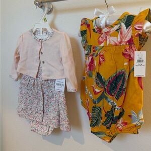 Carter's Floral Pink 2-Piece Dress Set & Old Navy Mustard Tropical Romper